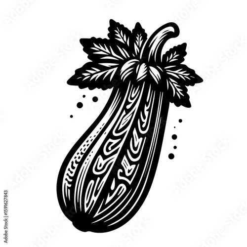 A black and white illustration of a stylized zucchini with decorative leaves