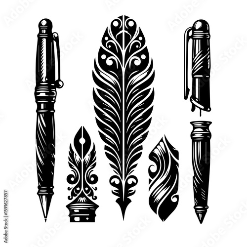 A collection of black and white illustrations featuring pens and a feather quill