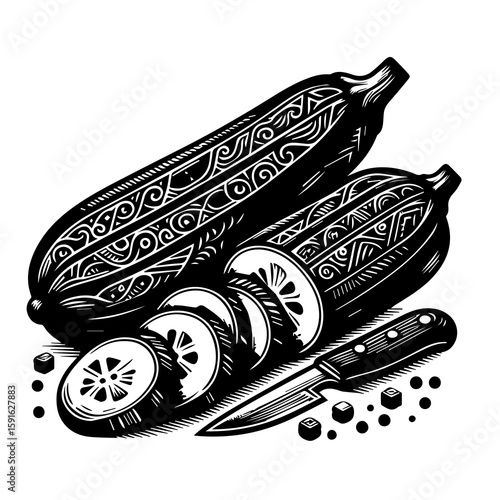 Freshly sliced zucchini with a knife and whole zucchini, showcasing intricate patterns