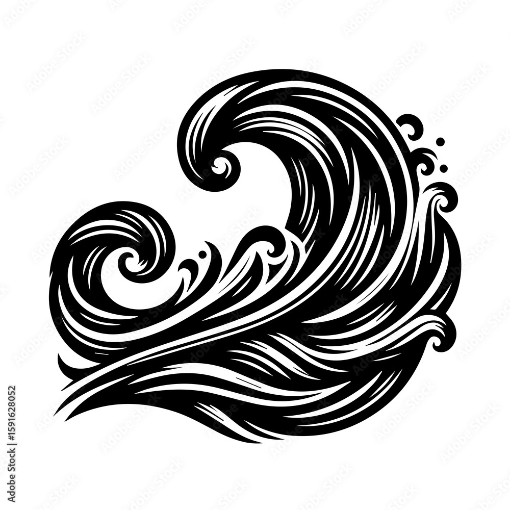 Fototapeta premium A dynamic black and white illustration of a powerful ocean wave curling and splashing with energetic lines