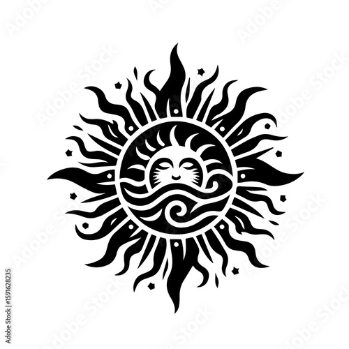 A stylized black and white illustration of a sun with a face and radiating flames, symbolizing celestial energy and warmth