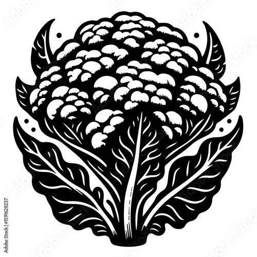 A striking black and white illustration of a fresh cauliflower with detailed florets and leaves, representing healthy and organic produce