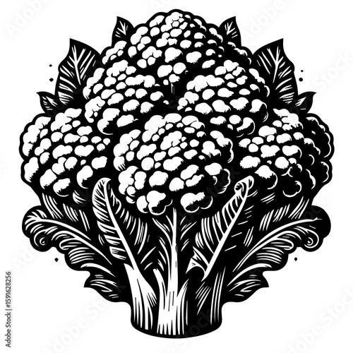 A striking black and white illustration of a fresh cauliflower with detailed florets and leaves, representing healthy and organic produce