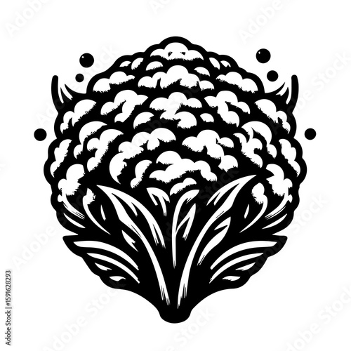 A stylized black and white illustration of a cauliflower head with leaves