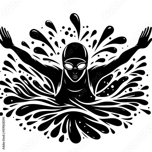A dynamic black and white illustration of a swimmer with arms raised in a splash