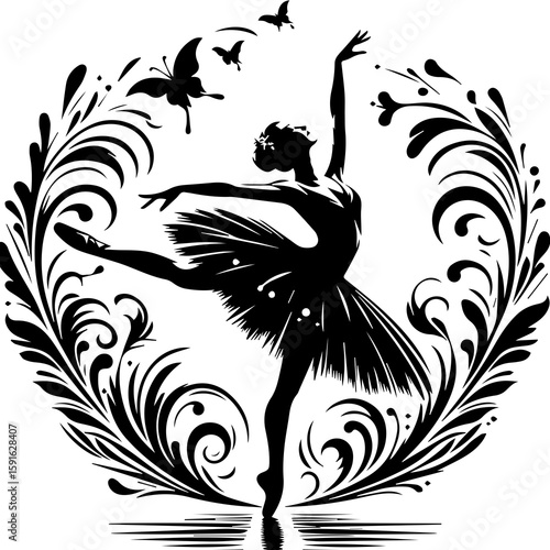 A graceful ballerina in a silhouette pose, surrounded by ornate floral elements and flying butterflies, embodying the art of dance