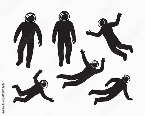 Silhouetted astronauts in various poses on a white background creating a dynamic and spacelike scene