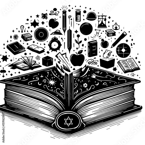 An open book erupts with a universe of knowledge, creativity, and inspiration