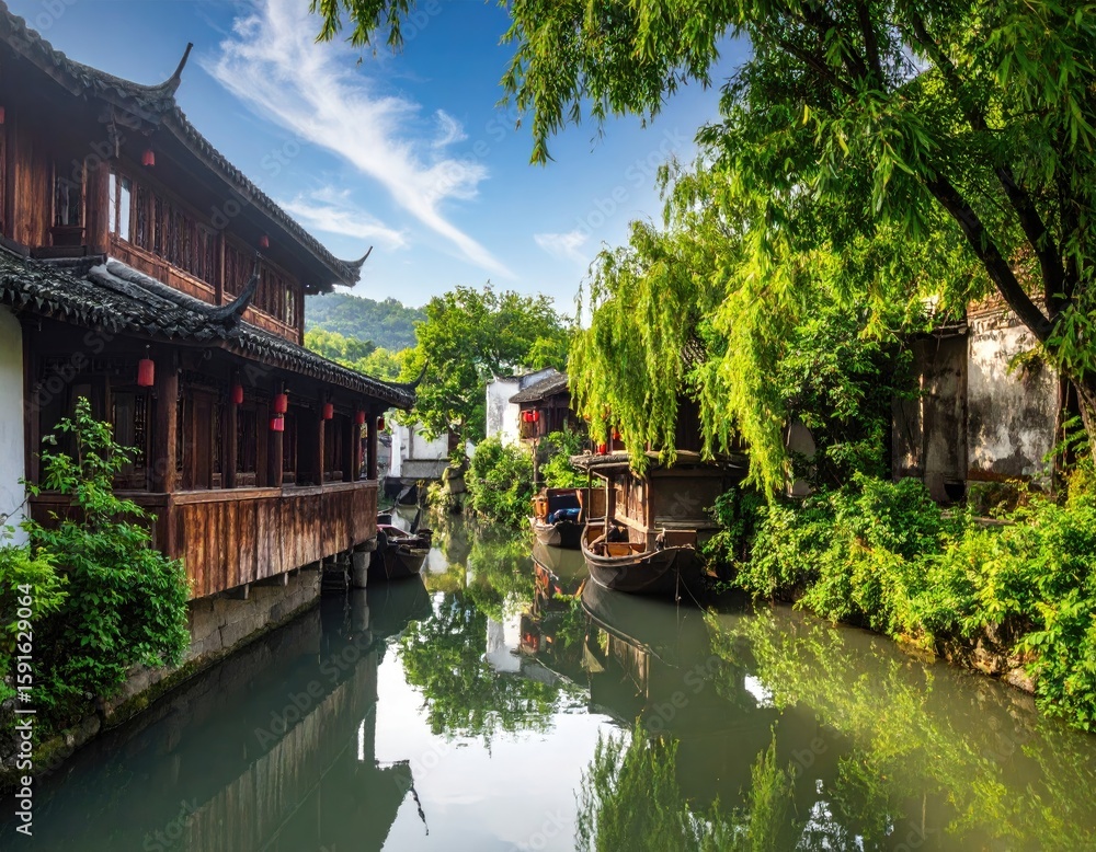 Obraz premium Canal town houses and green trees