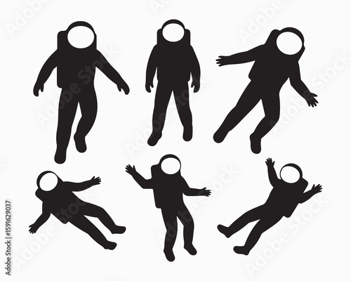 Silhouettes of astronauts floating in various poses against a white background in a vector graphic