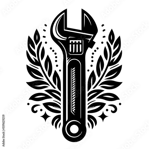 A vintage adjustable wrench encircled by laurel leaves and stars, symbolizing mechanical repair and craftsmanship