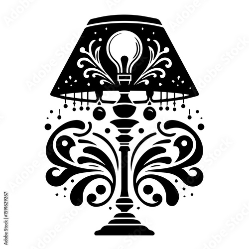 An ornate vintage table lamp with a decorative lampshade and a glowing light bulb, casting an elegant ambiance