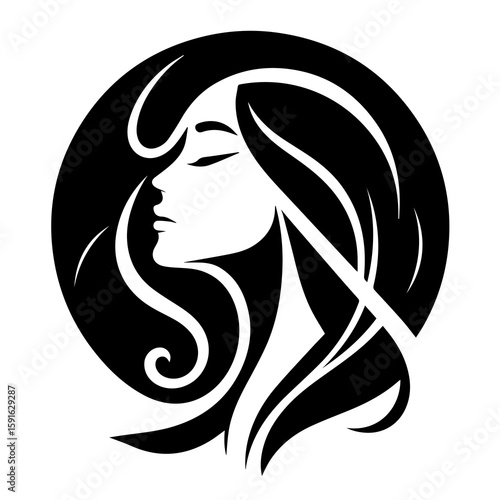 Elegant silhouette of a womans profile with long, flowing hair, symbolizing beauty and grace in a circular design