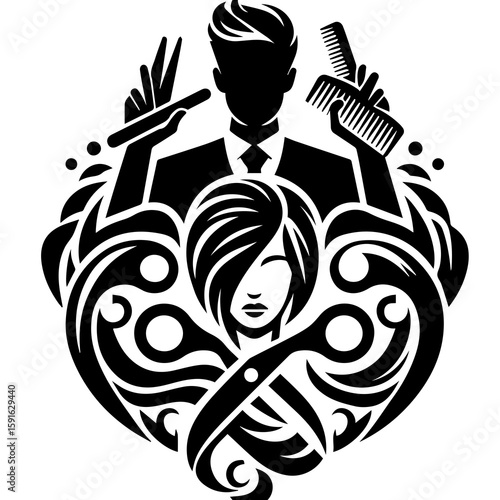 A black and white illustration of a hairdresser and client, symbolizing hair styling with scissors and comb