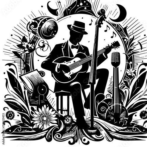 A silhouette of a musician playing guitar with a bass and banjo, evoking a vintage jazz era