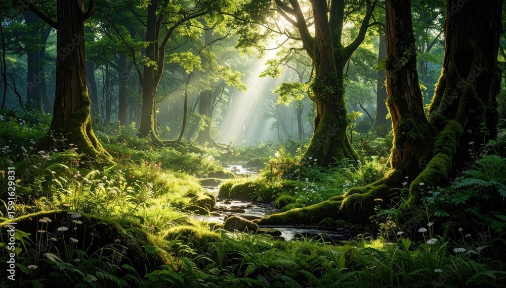 Obraz premium Sunlight streams through a lush, verdant forest