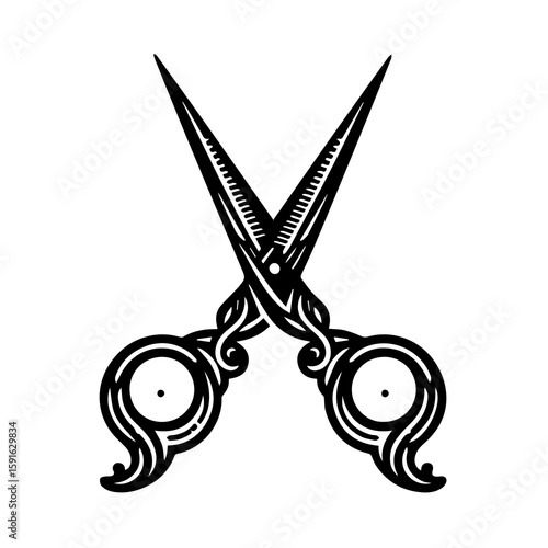 A pair of ornate, vintage scissors crossed, symbolizing cutting, style, and craftsmanship