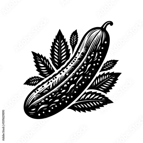 A detailed woodcut illustration of a fresh cucumber with green leaves