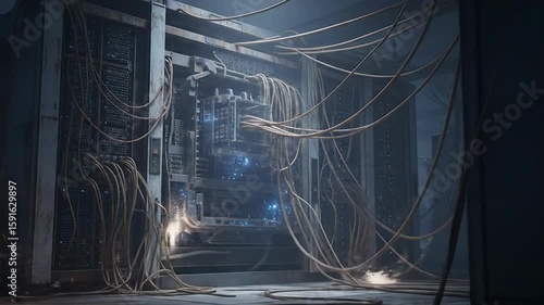Aging Server Racks and Tangled Wiring in Dim Data Center
