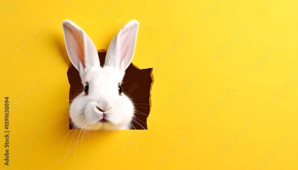 Fototapeta premium White rabbit peeking through a hole in a yellow background