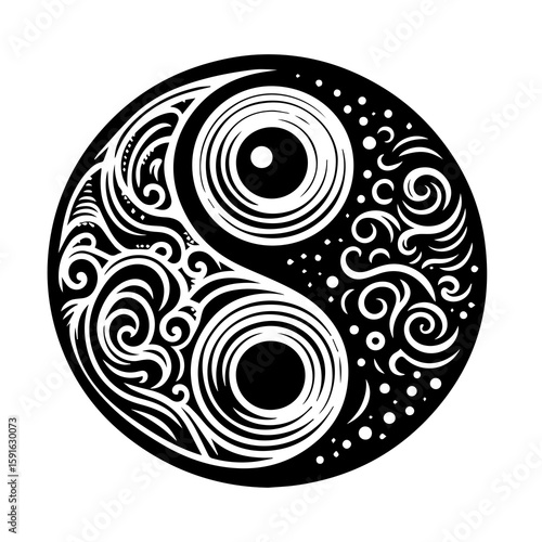 The yin and yang symbol, adorned with intricate swirling patterns, represents balance and harmony