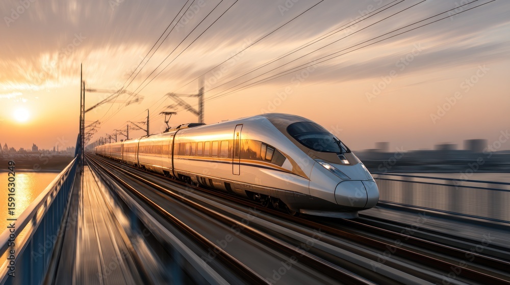 Naklejka premium High-speed train on bridge at sunset (1)