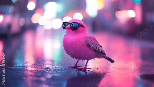 Fototapeta Naklejka Na Ścianę i Meble -  A pink, cute and small dove wearing black plastic glasses stands on the wet sidewalk of an empty street in Tokyo at night.