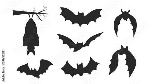 Collection of Halloween bat silhouettes. Hanging black bats with mysterious wings. Flat vector design for horror graphics, decorations, or monster-themed artwork.