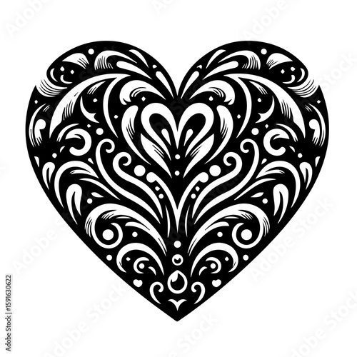 A decorative heart shape with intricate floral patterns and swirls, symbolizing love and affection
