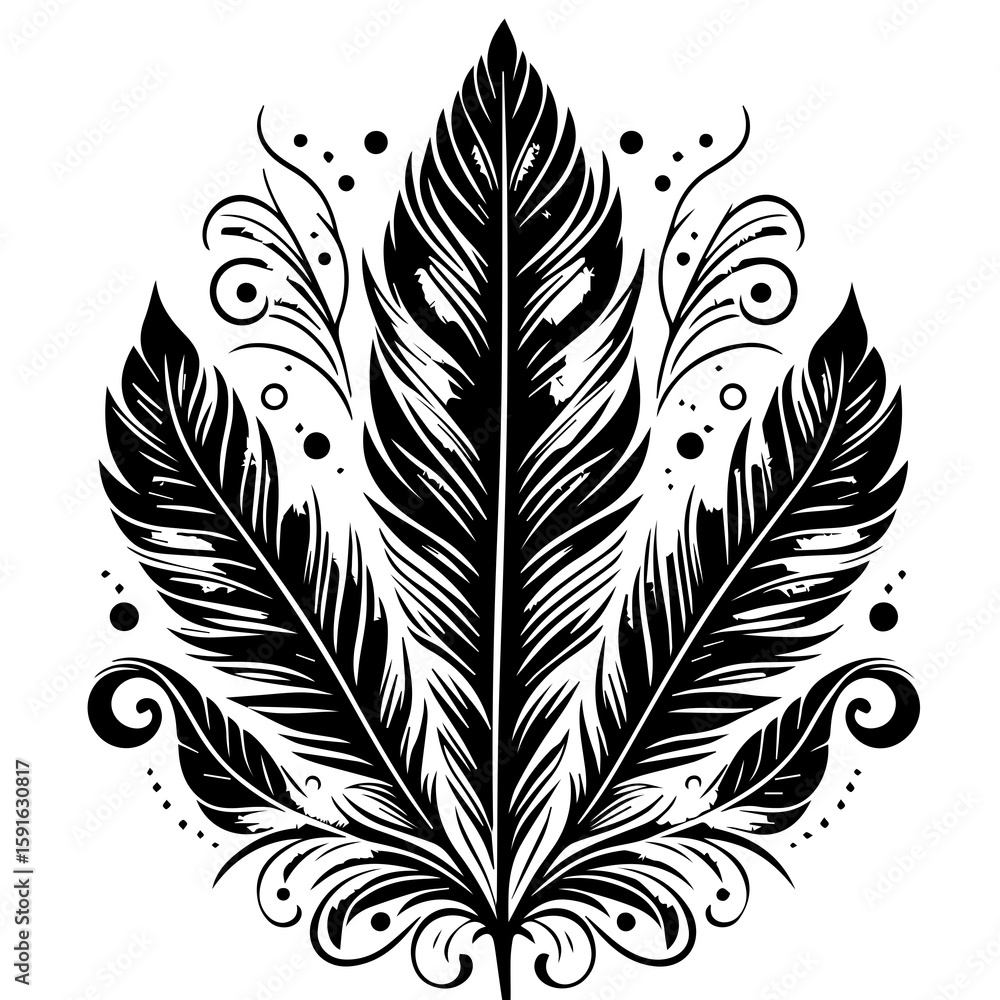 Obraz premium An artistic arrangement of three ornate feathers with swirling decorative elements, creating a bohemian design