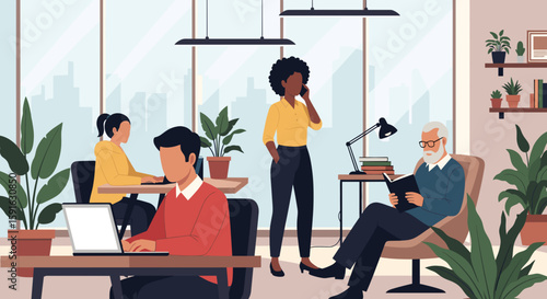 Diverse team working in a modern office, perfect for website banners or brochures promoting collaboration and inclusivity.