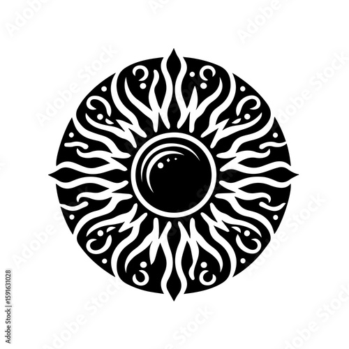 An ornate, stylized sun symbol with radiating lines and a central orb, presented in a striking black and white graphic