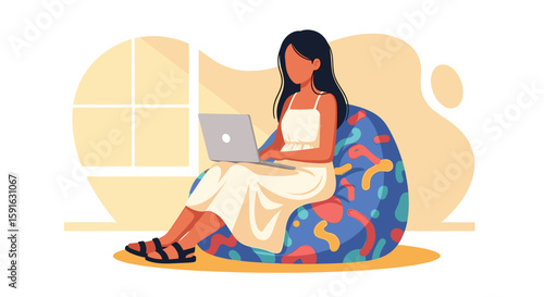 Woman working on laptop from home, perfect for blog posts about remote work or freelance lifestyle.
