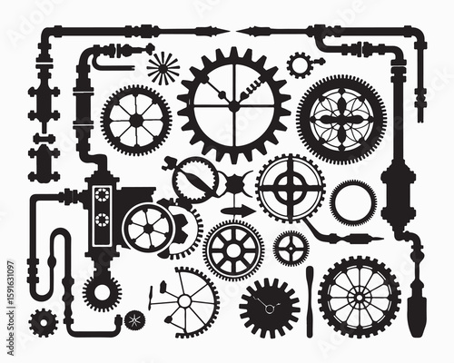Illustration of black steampunk elements including gears pipes and clockwork on a white background