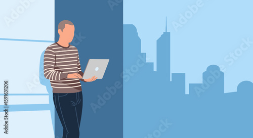 Man using laptop against city skyline backdrop - ideal for website banners, business presentations, and technology brochures.
