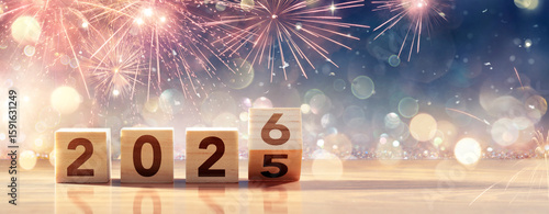 2026 New Year Celebration - Wooden Number Blocks And Fireworks At Eve Night With Abstract Defocused Lights