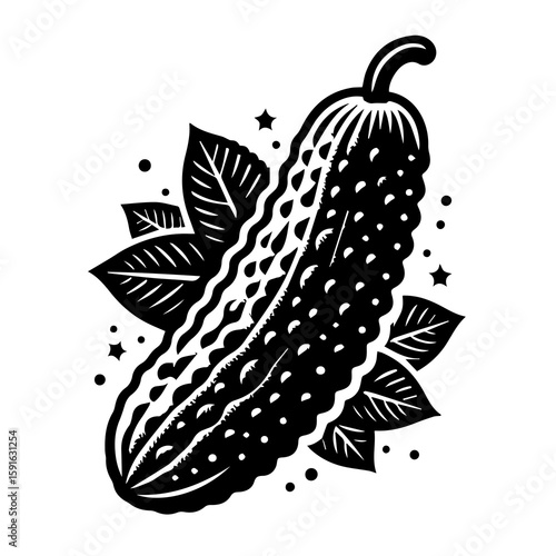 A detailed black and white illustration of a fresh cucumber surrounded by stylized leaves and small stars