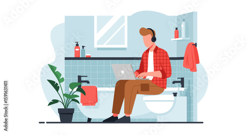 Man working on laptop in bathroom, perfect for articles about remote work, work-life balance, or unusual workspaces.