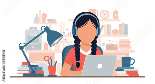 Young woman working from home on laptop, perfect for online learning, remote work, or freelance websites.