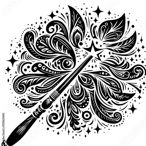 A magic wand emits a burst of sparkling stars and ornate patterns, casting an enchanting spell
