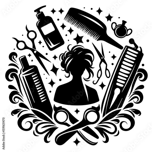 A collection of hairdressing tools and a stylized silhouette of a person with voluminous hair