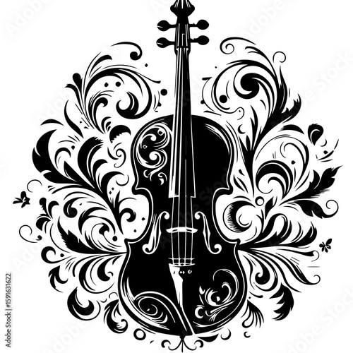 An ornate violin is depicted with decorative flourishes, symbolizing classical music