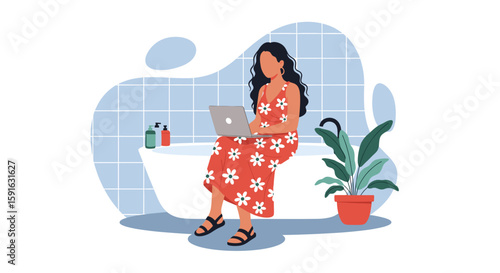 Woman in floral dress working on laptop in bathroom - perfect for blog posts, websites, or social media.