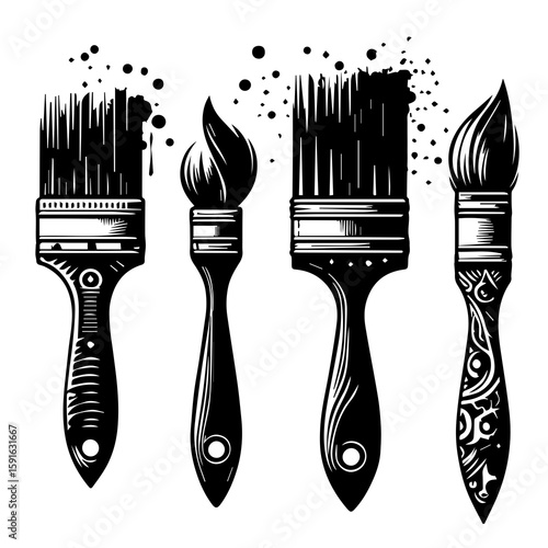 A collection of four distinct paint brushes with bristles and handles, some splattered with ink