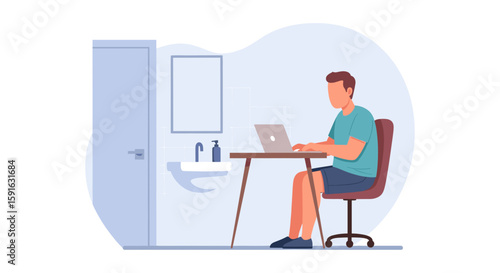 Man working on laptop in modern bathroom, perfect for remote work or freelance lifestyle articles.