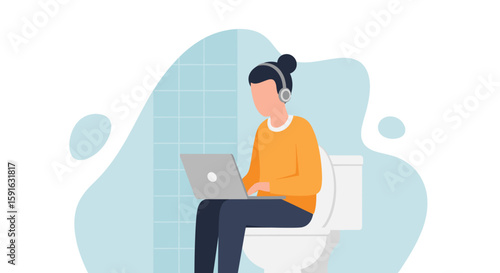 Person working on laptop while sitting on toilet, illustration for website or blog post about remote work or work-life balance.