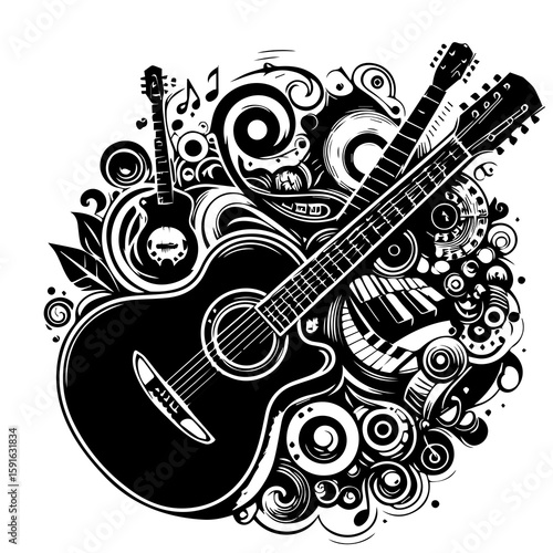 An artistic illustration featuring acoustic guitars intertwined with abstract musical elements and patterns, evoking a vibrant and creative soundscape