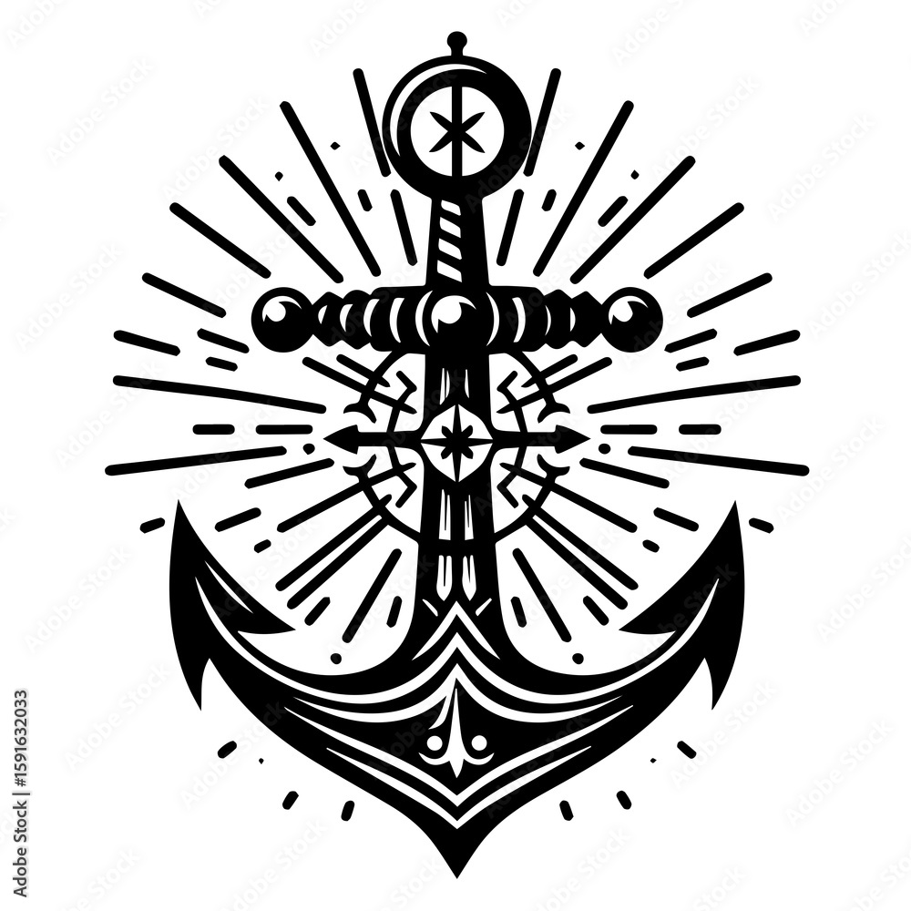 Fototapeta premium A vintage nautical anchor with a sunburst and compass rose design
