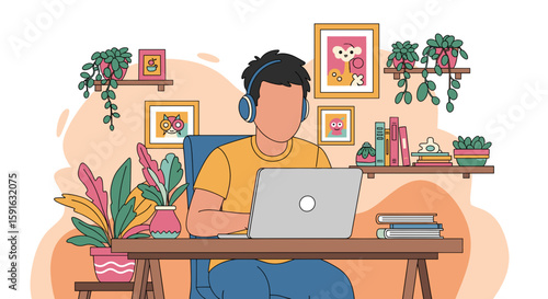 Person working from home on laptop, surrounded by plants and books. Ideal for blog posts, websites, and articles about remote work or home office.