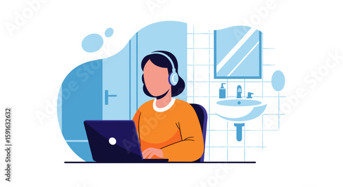 Woman working from home on laptop, wearing headphones in a bathroom setting. Perfect for remote work, work from home, or lifestyle blogs.
